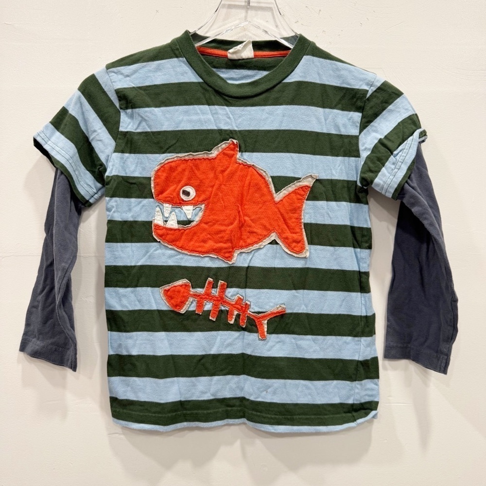 Mini Boden Layered Long Sleeve Shirt Stripe Fish Decal Size 7-8 Cotton